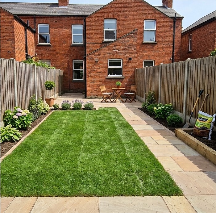 Trimmed hedge and reseeded lawn in Clontarf after maintenance